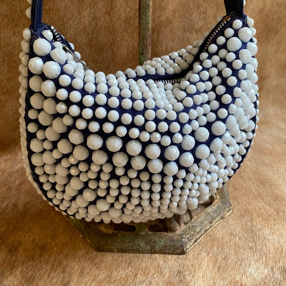 Blue vintage style white beaded bag.